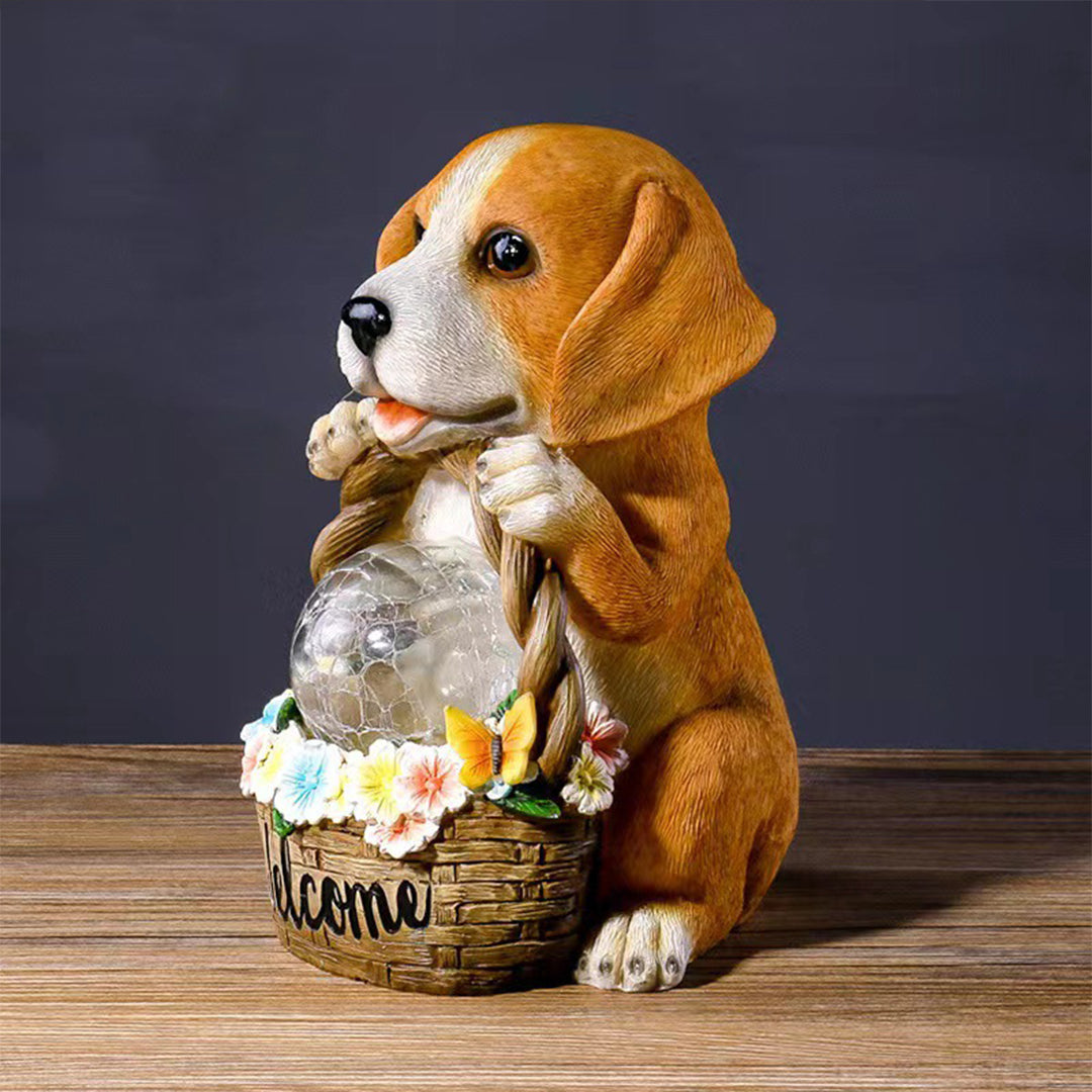 Puppy with Flower Basket Solar Garden Light — Resin, Warm White LED, IP44, Dusk-to-Dawn