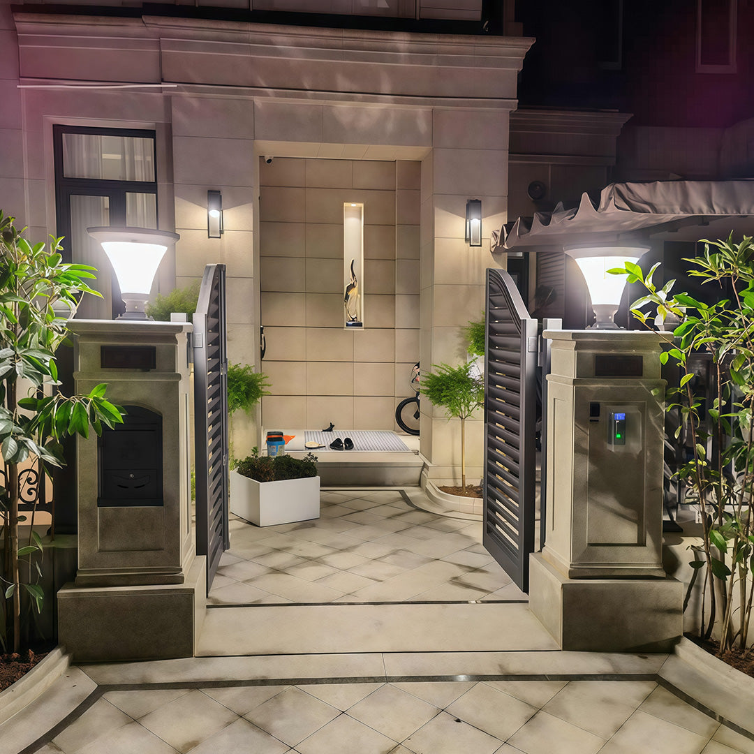 Outdoor Garden Pillar Light — Black Aluminum, LED, Solar 20W / Hardwired 50W, Dual CCT, IP65