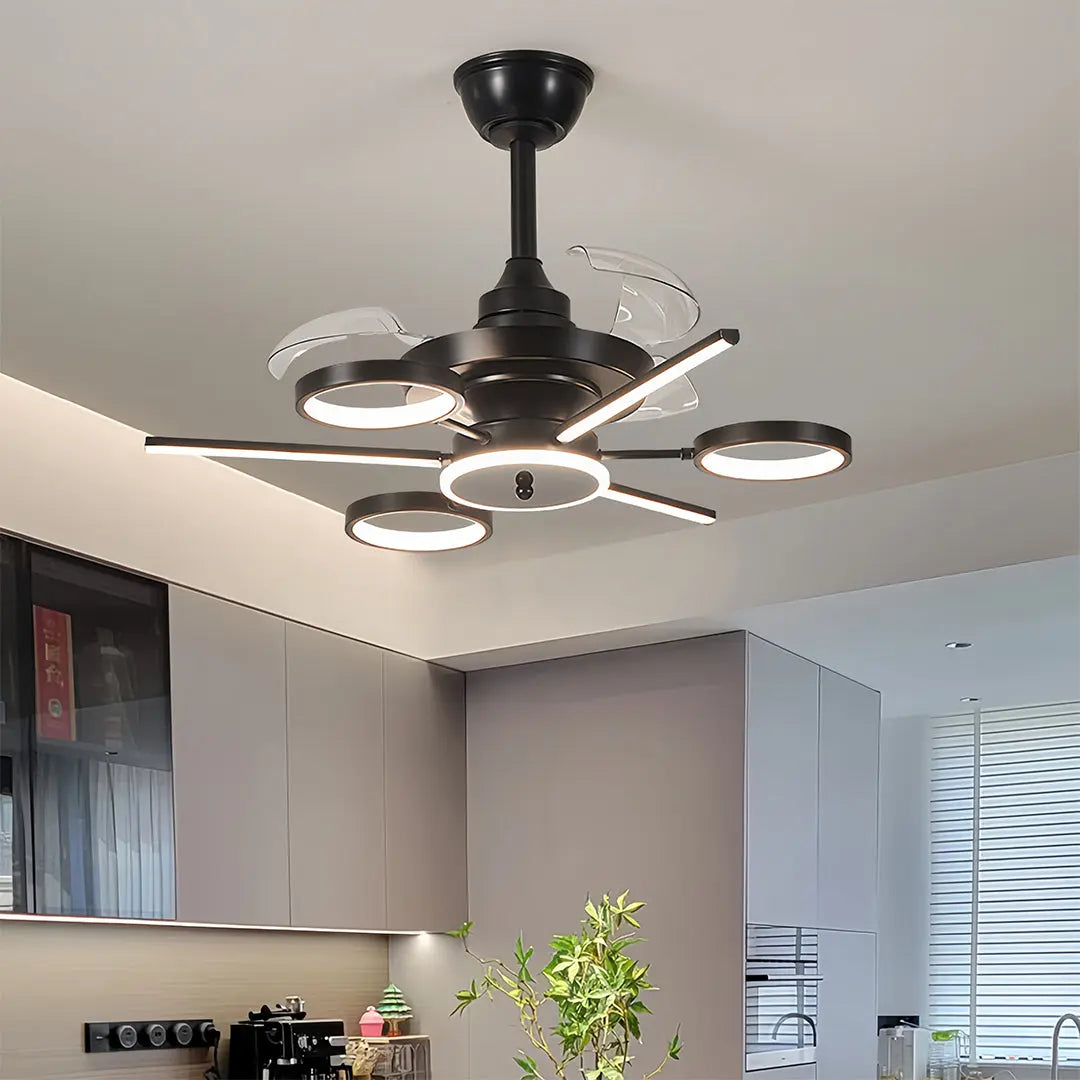 French Vintage Black Iron Ceiling Fan with Three Blades and Multiple Lights Luxe