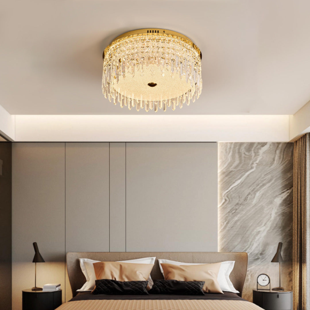 Modern Crystal Flush-Mount Ceiling Light — Champagne Gold Carbon Steel, LED, 3-Step Dimming (3000K/4000K/6000K), 3 Sizes