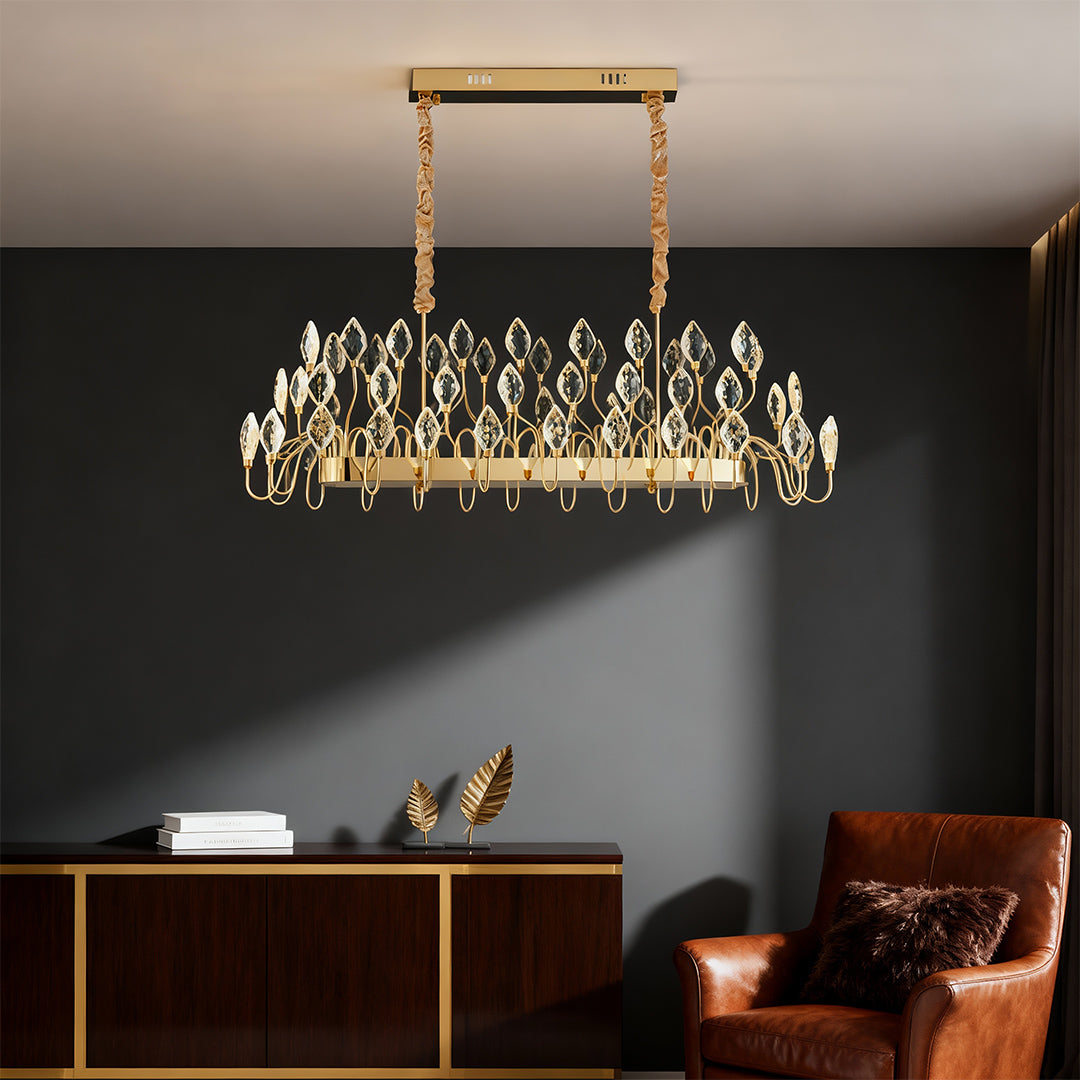 French Art Deco Crystal Chandelier — Gold Iron, LED, 3-Step Dimming, Round or Long, 23.6"–47.2"