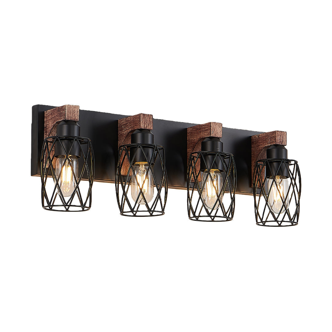 Metal Cage Bathroom Vanity Light — Black Finish, Walnut Wood, 3-to-7-Light, E26