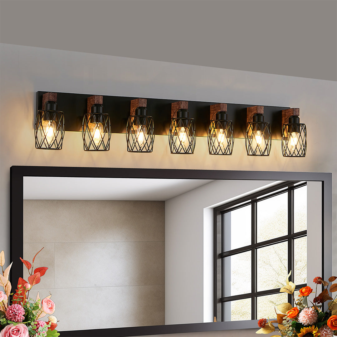 Metal Cage Bathroom Vanity Light — Black Finish, Walnut Wood, 3-to-7-Light, E26