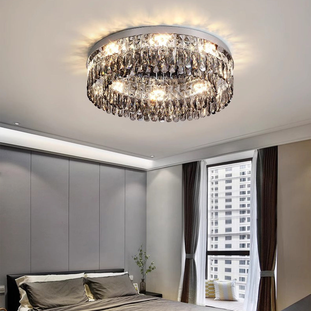 French Crystal Round LED Flush Mount — Polished Stainless Steel, K9 Crystal, 3-Step Dimming, 45cm / 60cm / 80cm