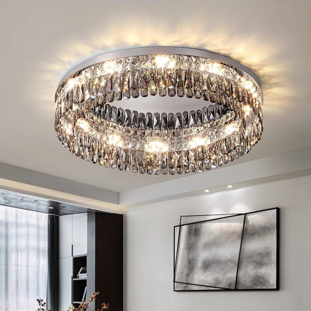 French Crystal Round LED Flush Mount — Polished Stainless Steel, K9 Crystal, 3-Step Dimming, 45cm / 60cm / 80cm