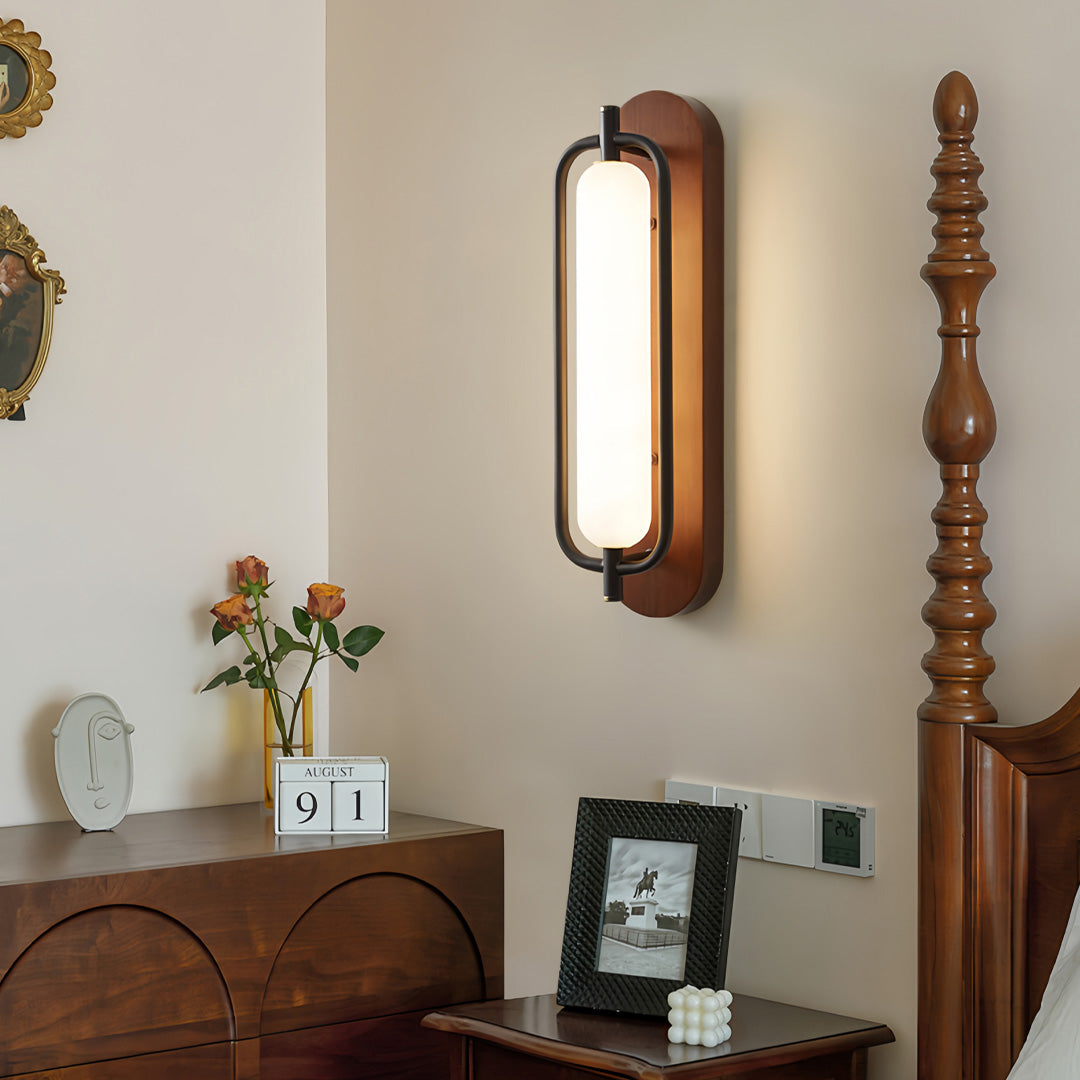 Minimalist Iron Wall Sconce — Acrylic Shade, 18W LED, 3-Step Dimming, Walnut / Wood Finish
