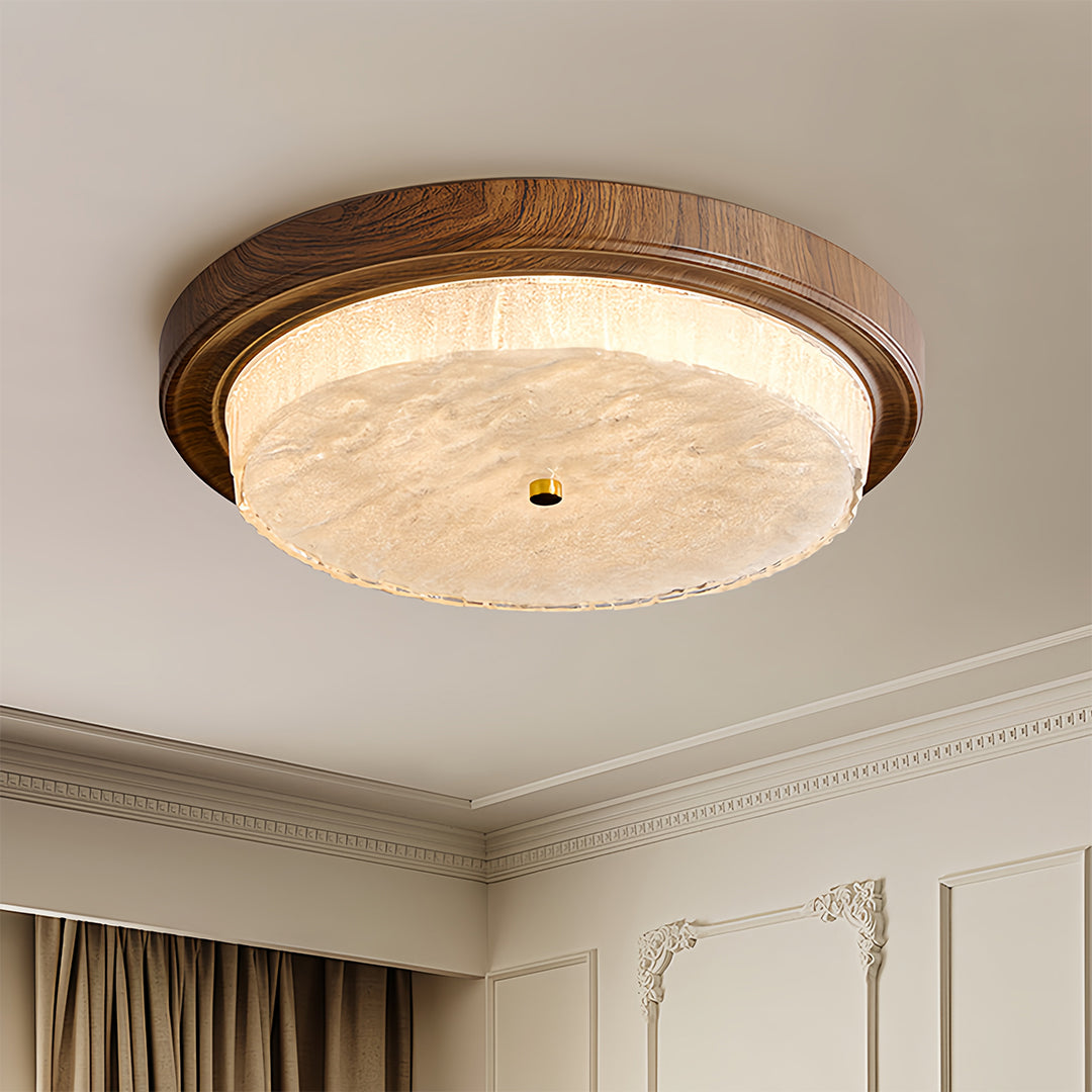 Vintage Round Flush-Mount Ceiling Light — Wood-Grain Iron & Glass, 48W–54W, Three-Color Dimming