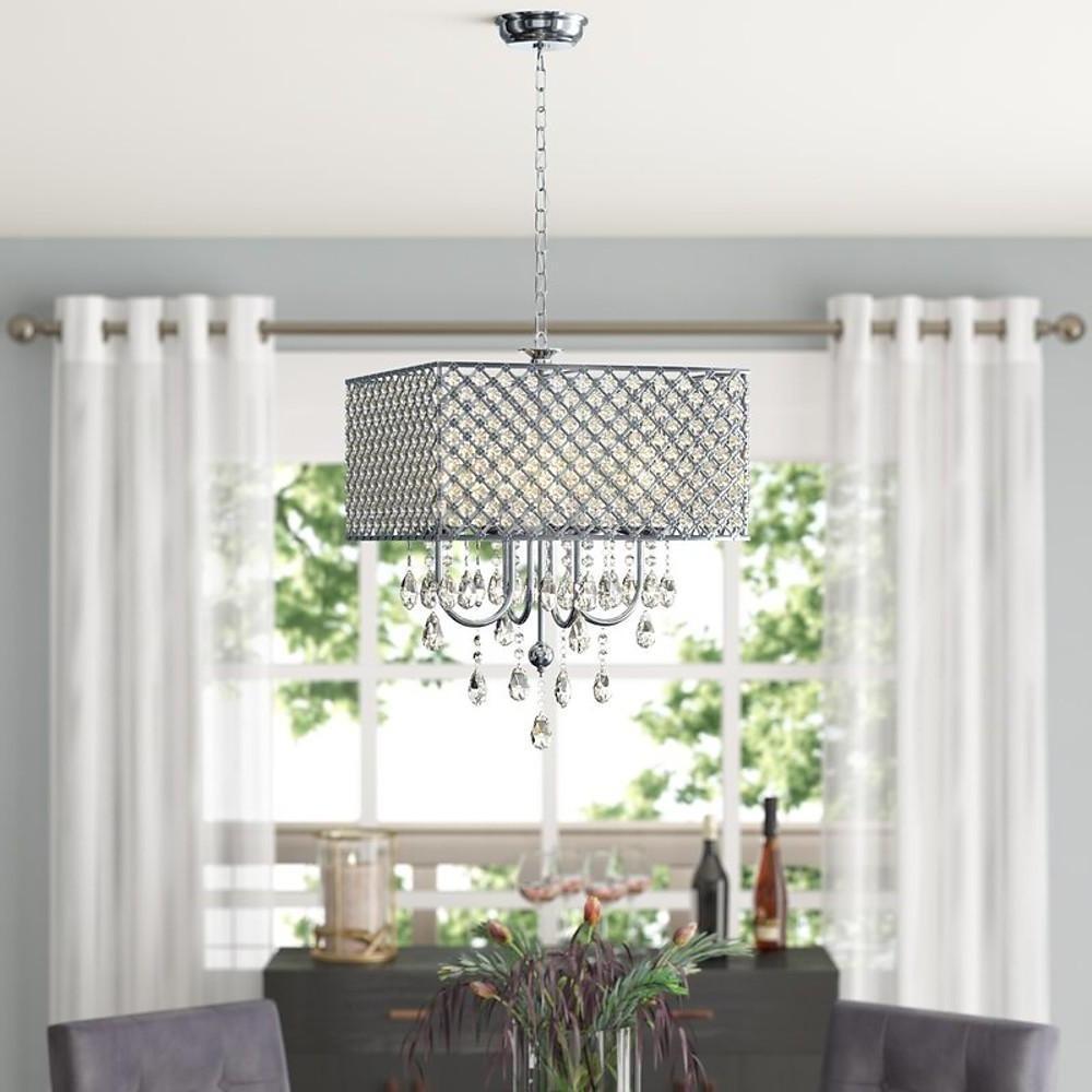 Square Electroplated Metal and Glass LED Chandelier — Chrome / Black, 16" Modern