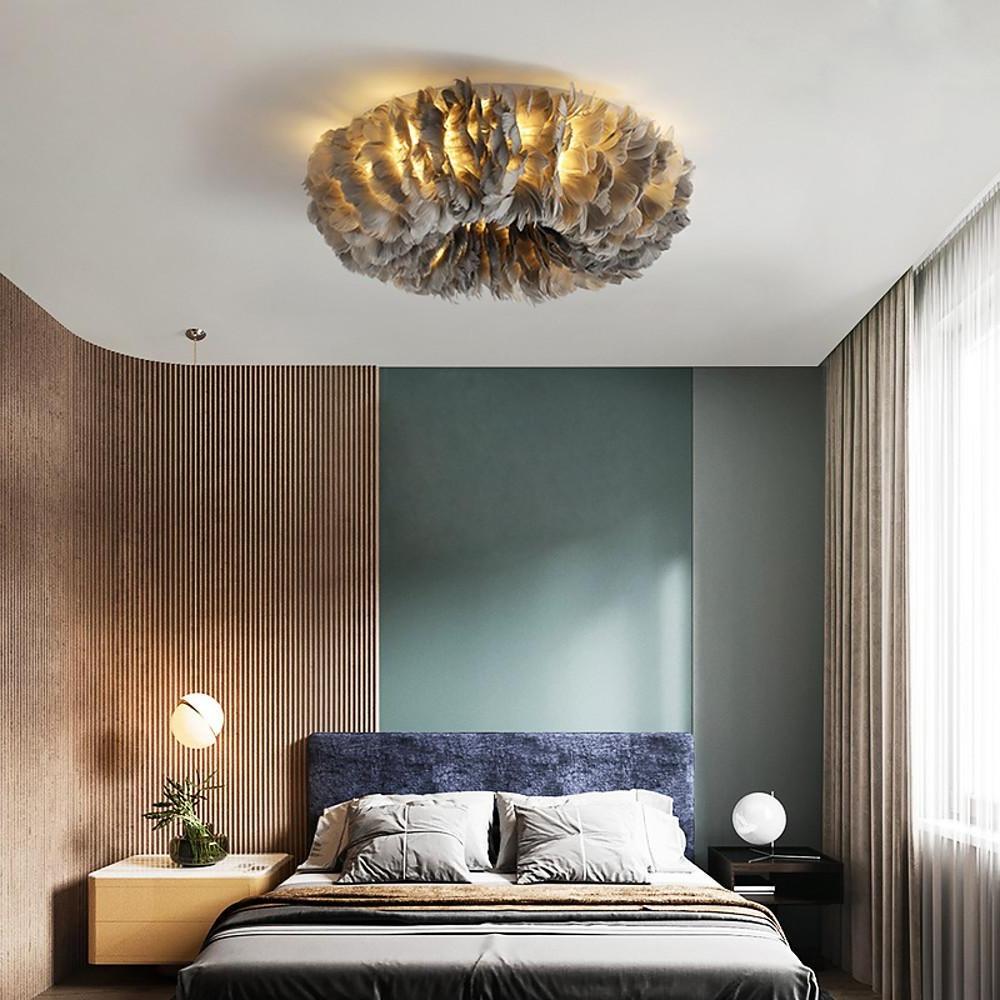 Round Feather Flush-Mount Chandelier — Metal, E27 LED, 3-Step Dimming, 6-Light or 8-Light, 20"–28"
