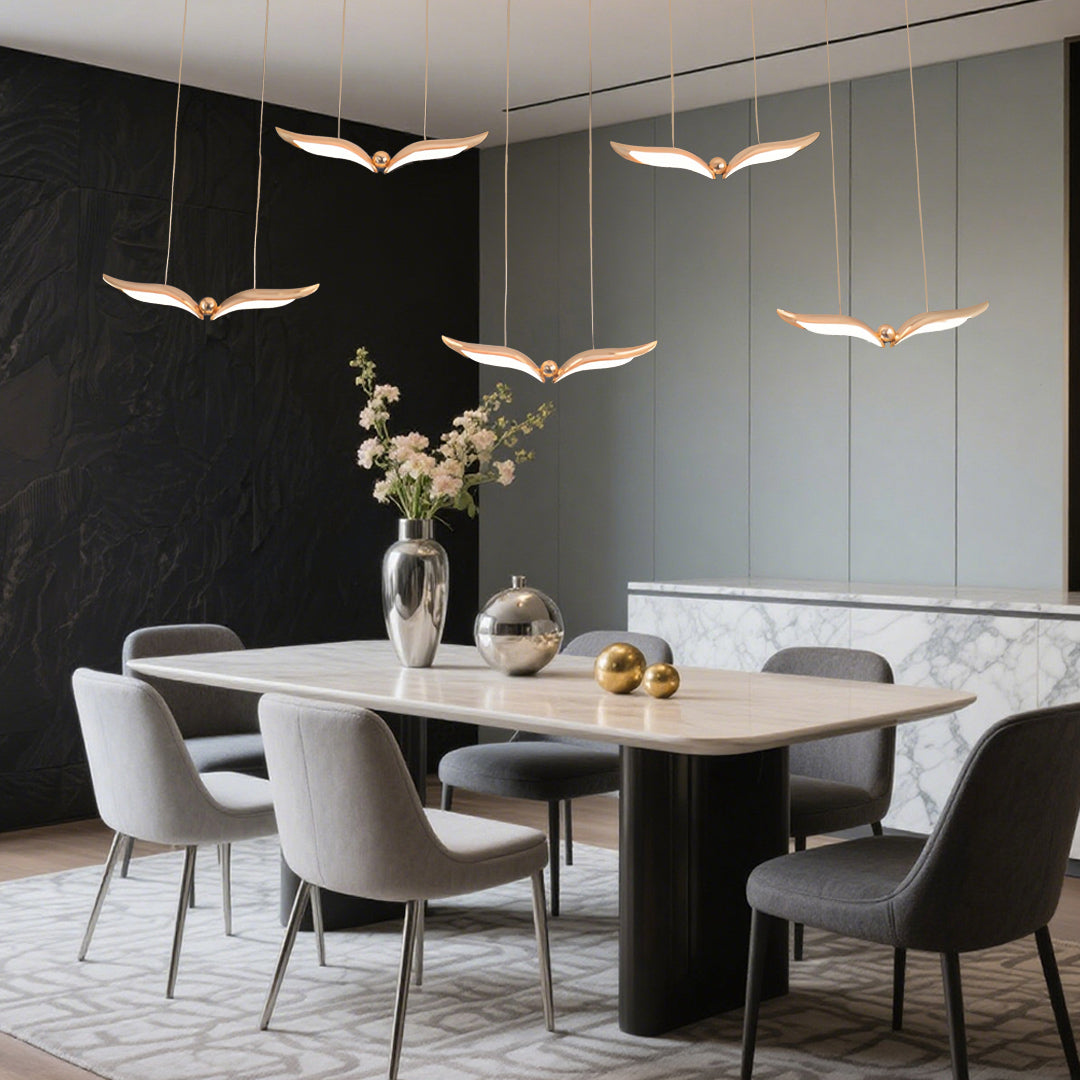 Seagull Multi-Light Pendant — Rose Gold Iron, Acrylic 3D Shadow, 1-, 3-, or 5-Head LED, Dual Color Temperature