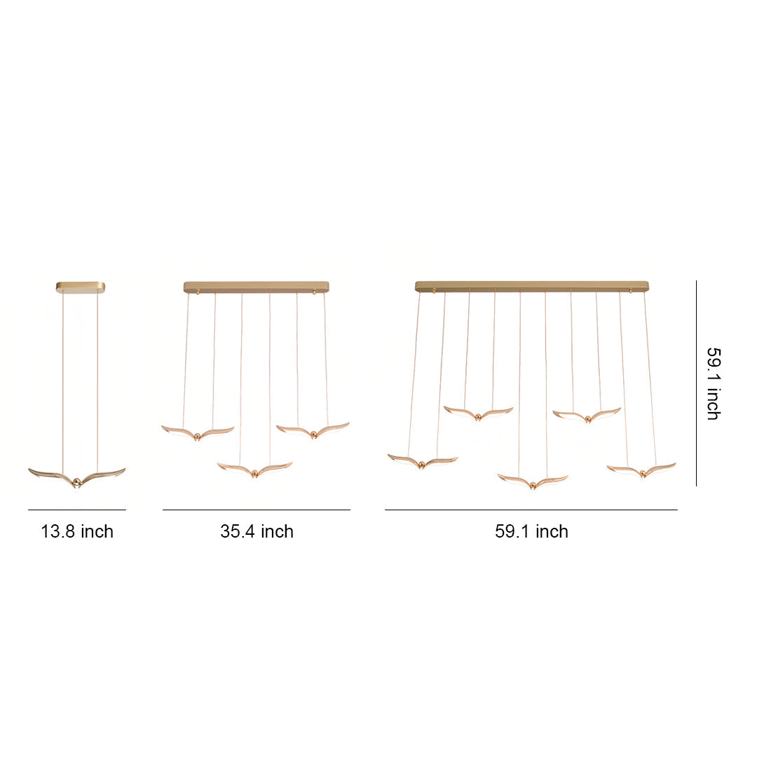 Seagull Multi-Light Pendant — Rose Gold Iron, Acrylic 3D Shadow, 1-, 3-, or 5-Head LED, Dual Color Temperature