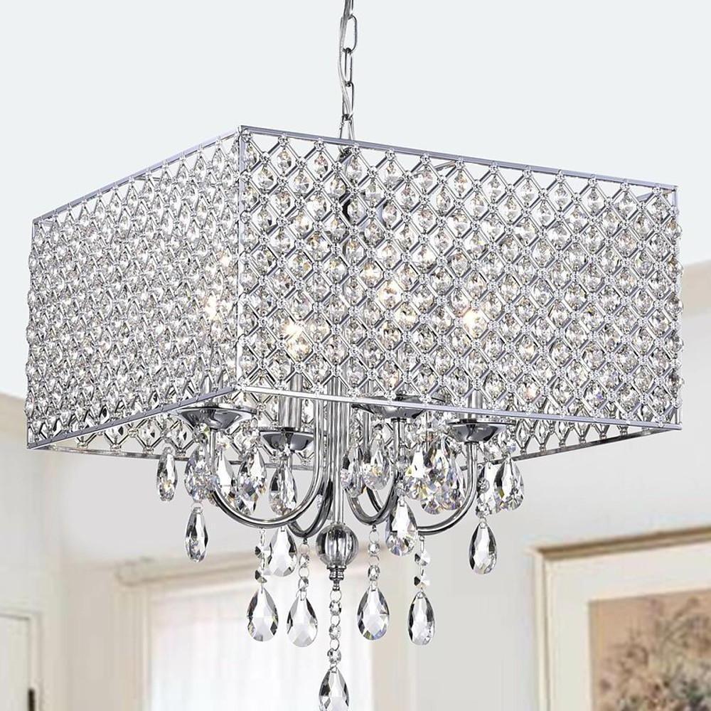 Square Electroplated Metal and Glass LED Chandelier — Chrome / Black, 16" Modern
