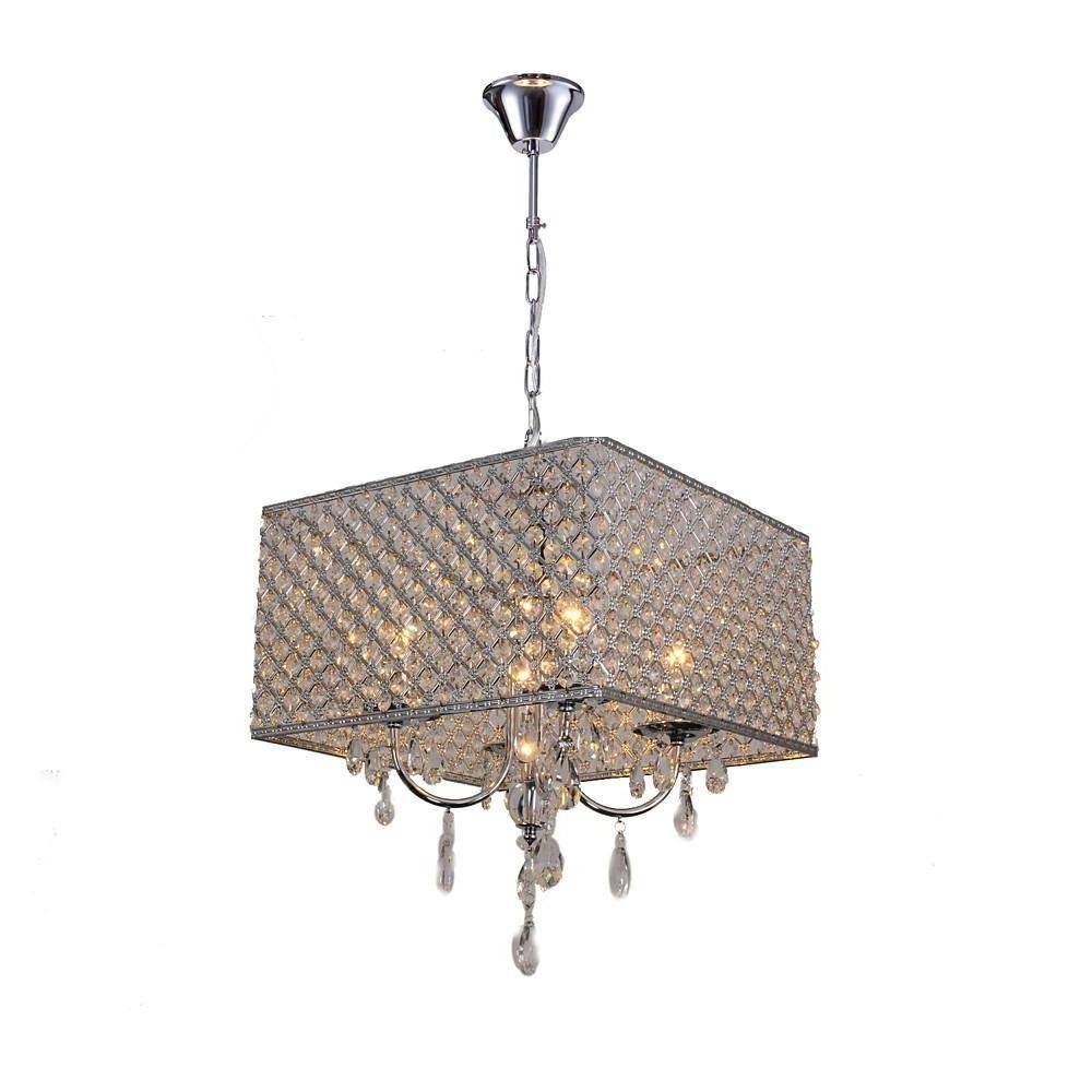 Square Electroplated Metal and Glass LED Chandelier — Chrome / Black, 16" Modern
