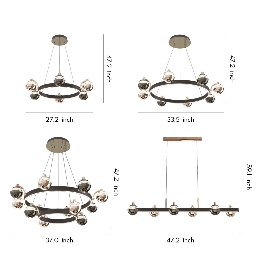 Modern Black and Gold Acrylic LED Chandelier — 6, 8, or 8+4-Light, Three-Color Dimming, 47.2" Chain