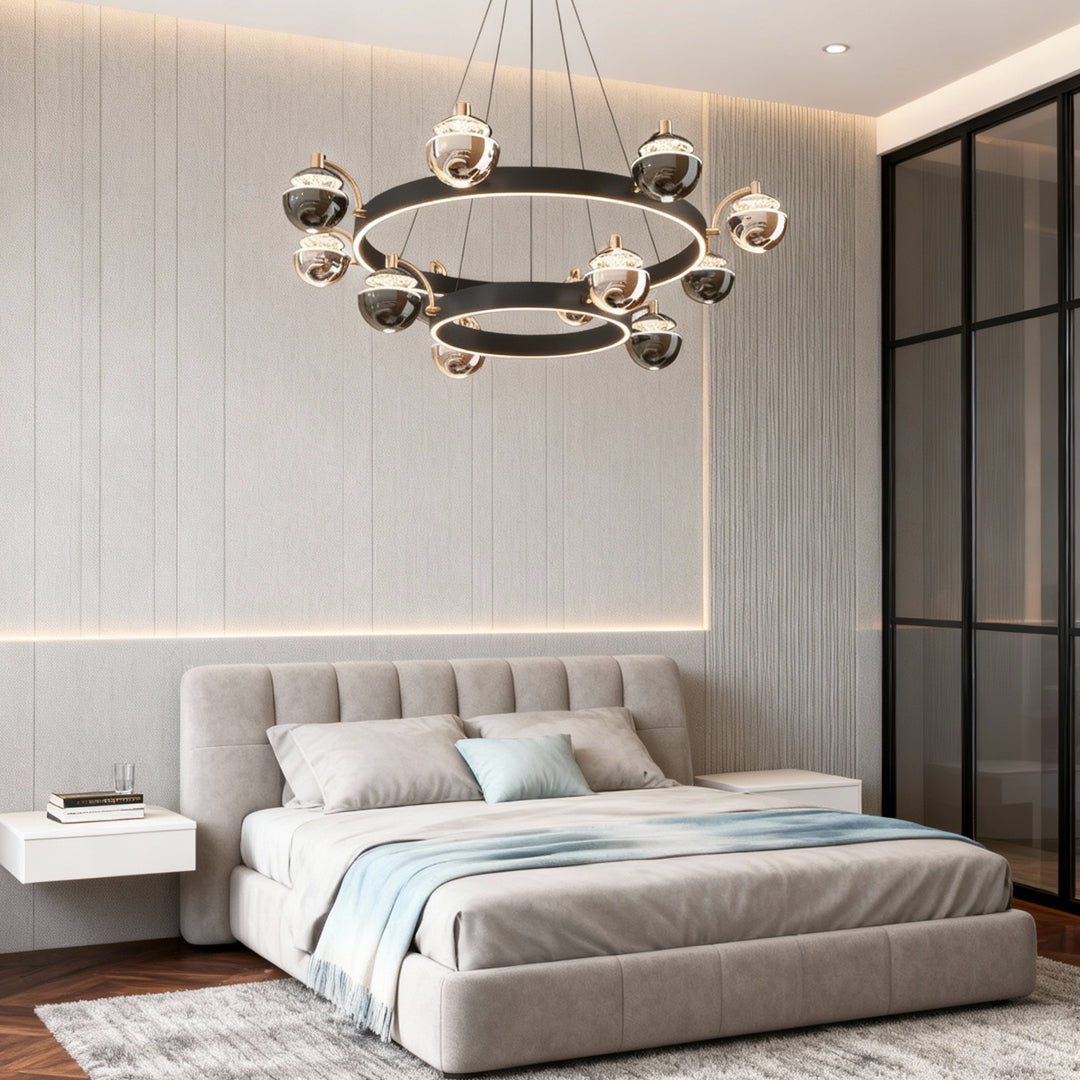 Modern Black and Gold Acrylic LED Chandelier — 6, 8, or 8+4-Light, Three-Color Dimming, 47.2" Chain