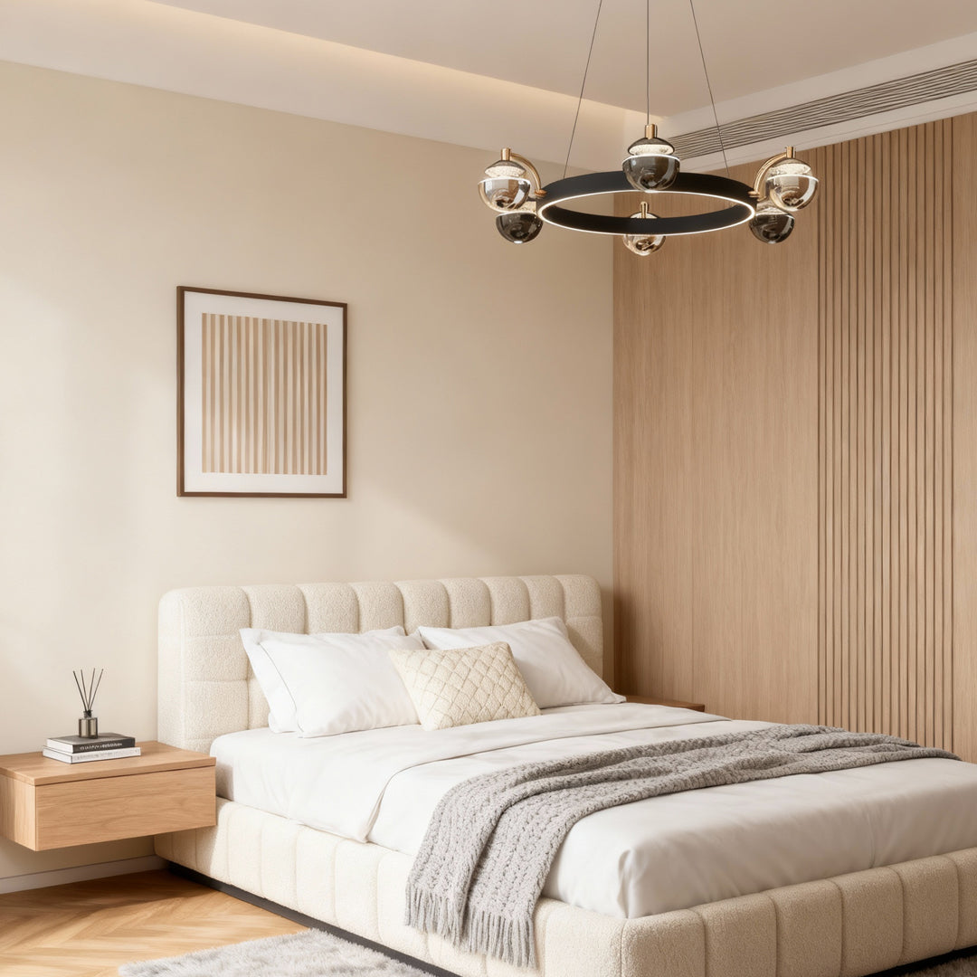 Modern Black and Gold Acrylic LED Chandelier — 6, 8, or 8+4-Light, Three-Color Dimming, 47.2" Chain