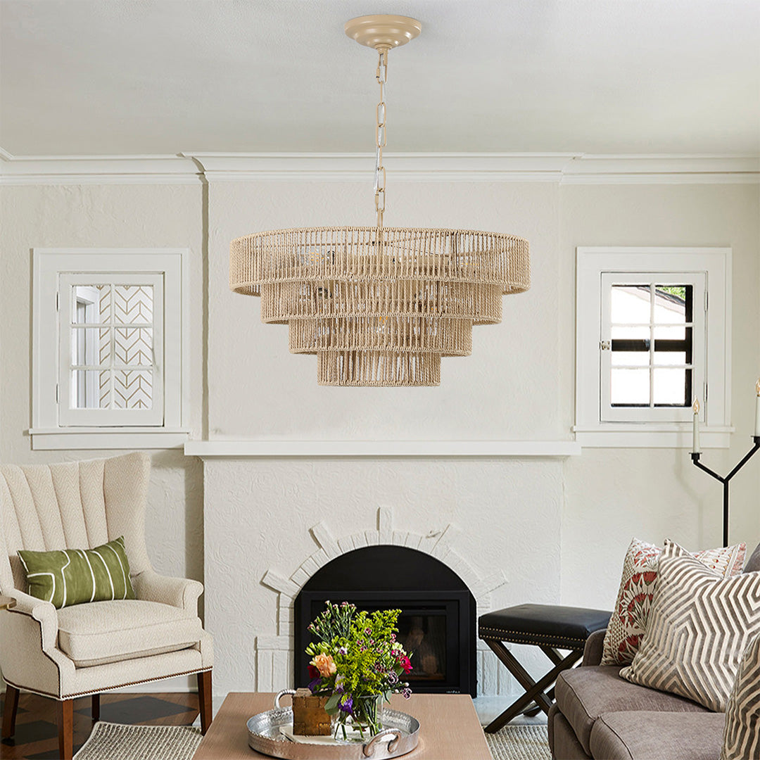 Zen Jute-Rope Chandelier — Iron Frame, Hand-Woven Natural Jute, 6-Light or 8-Light, E12, 59.1" Adjustable Chain