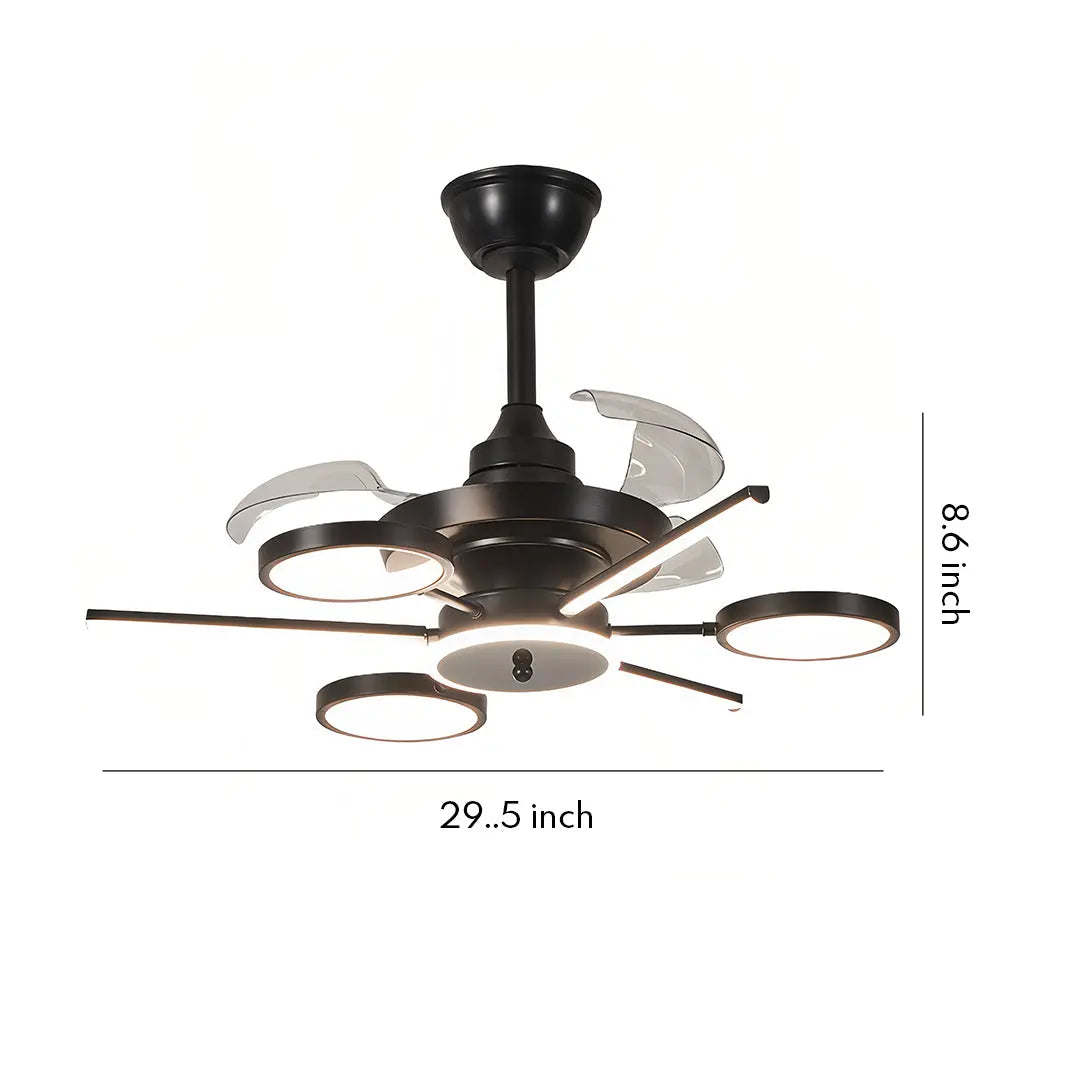 French Vintage Black Iron Ceiling Fan with Three Blades and Multiple Lights Luxe