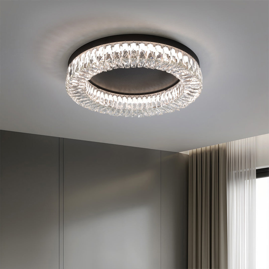 Round Crystal Flush-Mount Ceiling Light — Sand-Black Metal, Stepless Dimming, Remote Control, 3000K–6000K, 20"/24"/32"