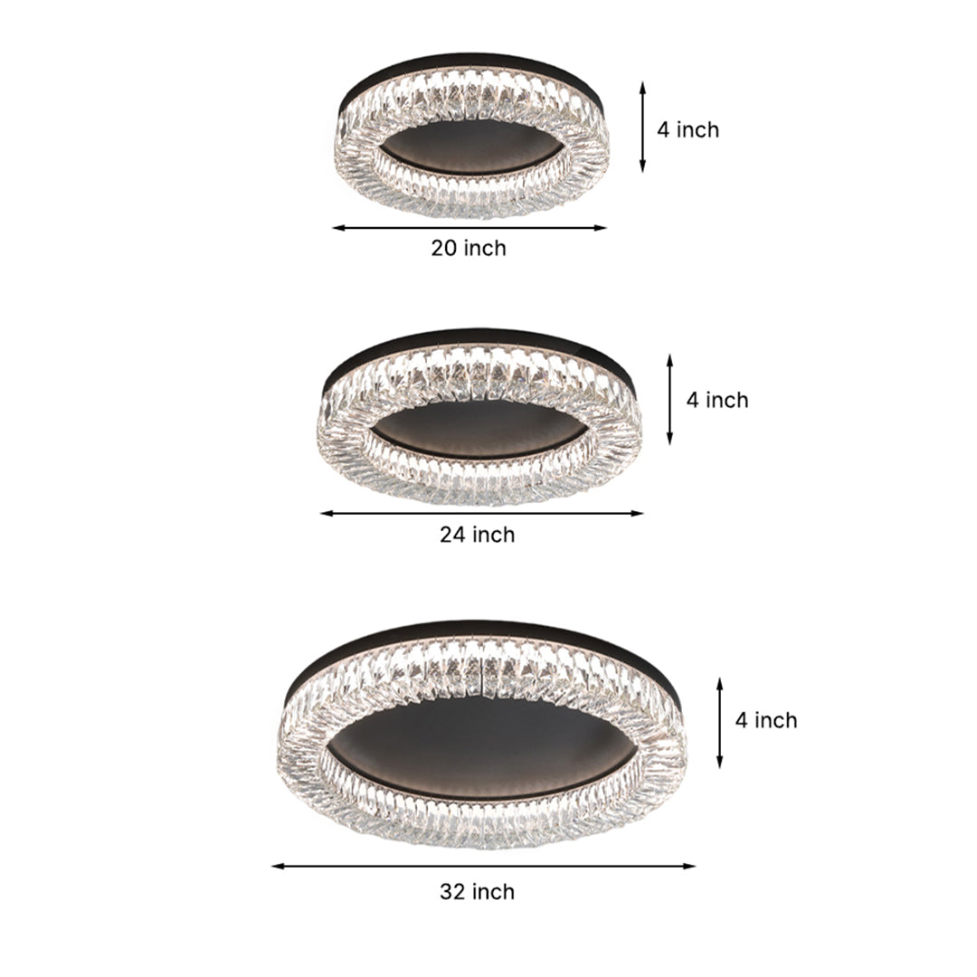 Round Crystal Flush-Mount Ceiling Light — Sand-Black Metal, Stepless Dimming, Remote Control, 3000K–6000K, 20"/24"/32"