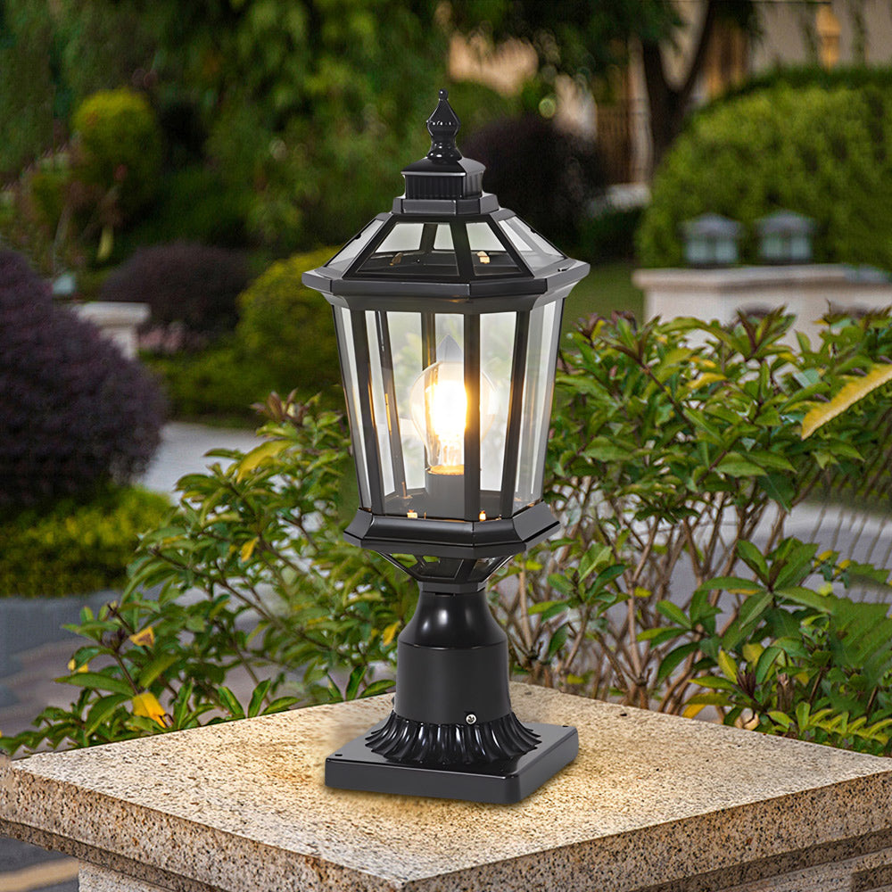Octagonal Pagoda Pillar Light — Aluminum & Glass, Solar / Hardwired, 3-Step Dimming, Black or Bronze