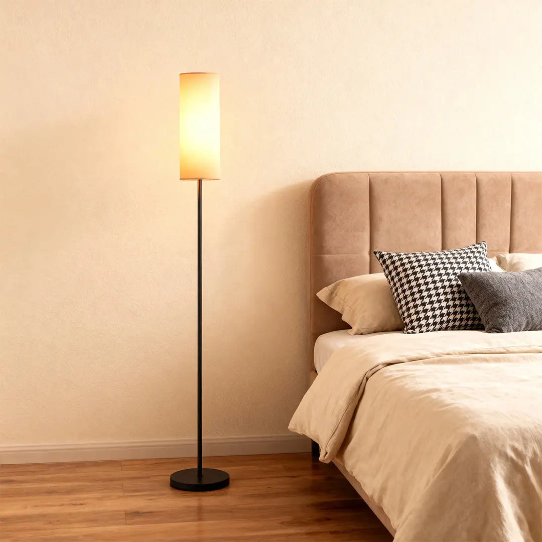 Artistic Linen-Covered Black Wrought Iron Floor Lamp Luxe