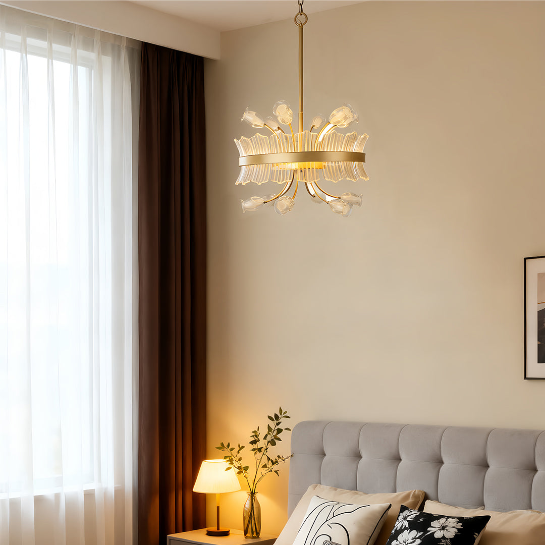 Blossom Chandelier — Gold-Plated Metal with Crystal Glass, 25W LED, 3000K, Adjustable 1.8m Cord, 20.5"