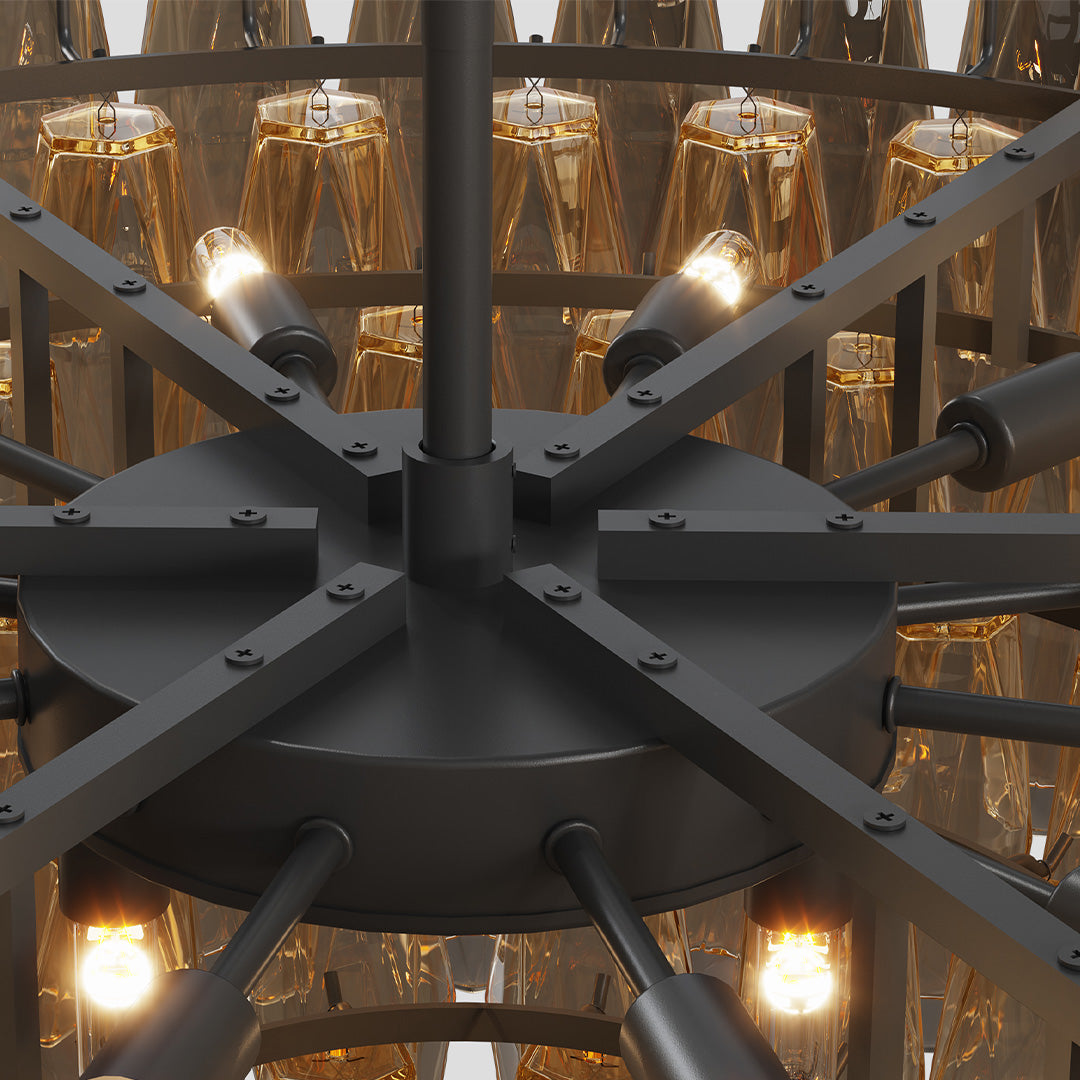 Multi-Head Glass Pendant Chandelier — Iron Frame, Transparent Glass Shades, 8-Light or 10-Light, Black or Copper, E12