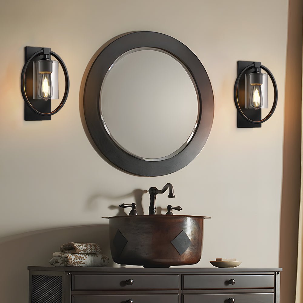 Industrial Black Wall Sconce — Iron and Glass, Tungsten, Up/Down, Bathroom and Entryway