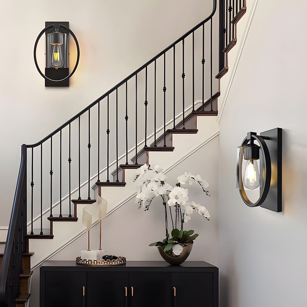 Industrial Black Wall Sconce — Iron and Glass, Tungsten, Up/Down, Bathroom and Entryway
