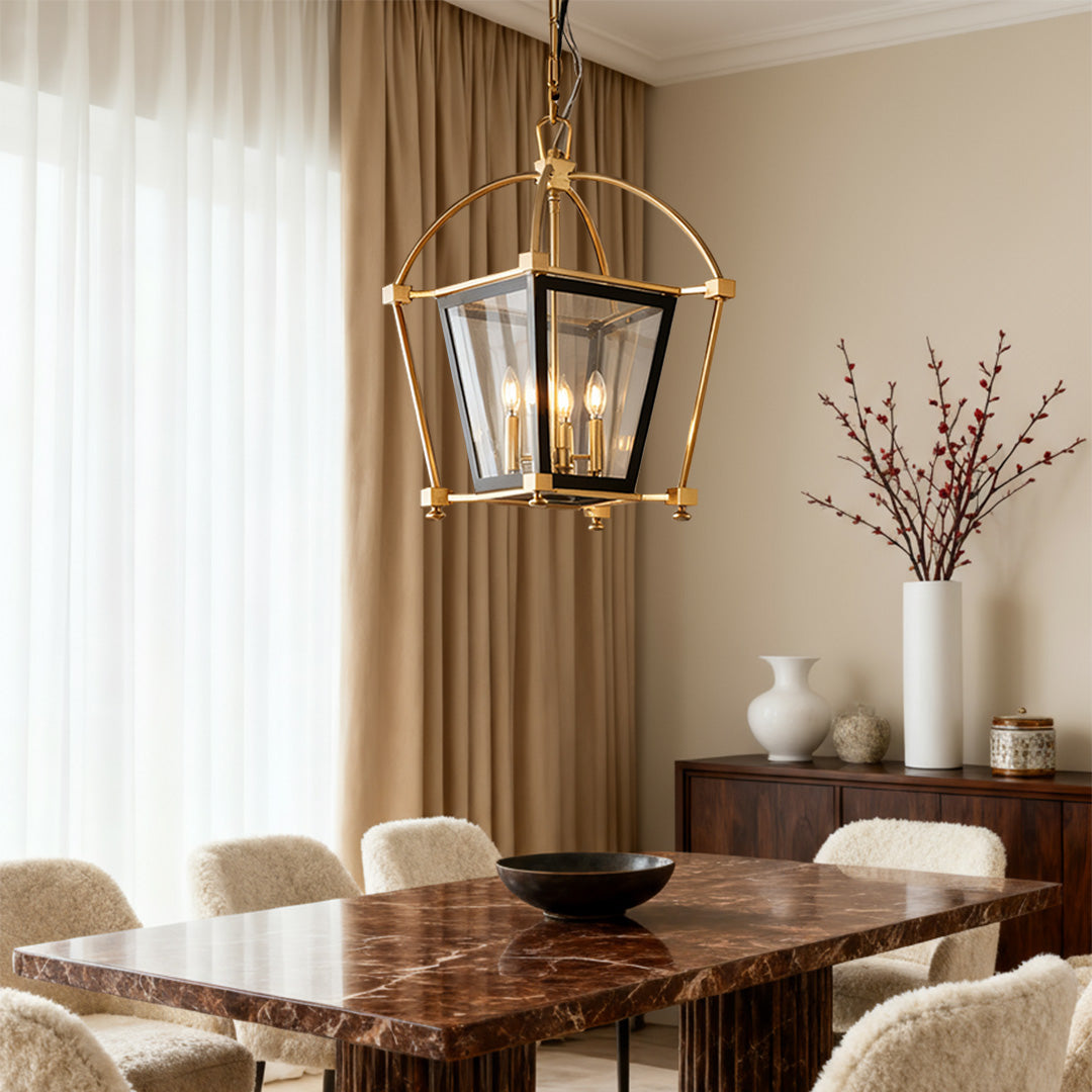 Industrial Gold Lantern Pendant — Black and Gold Iron, 4-Light E12, Adjustable Chain, Acrylic Shade