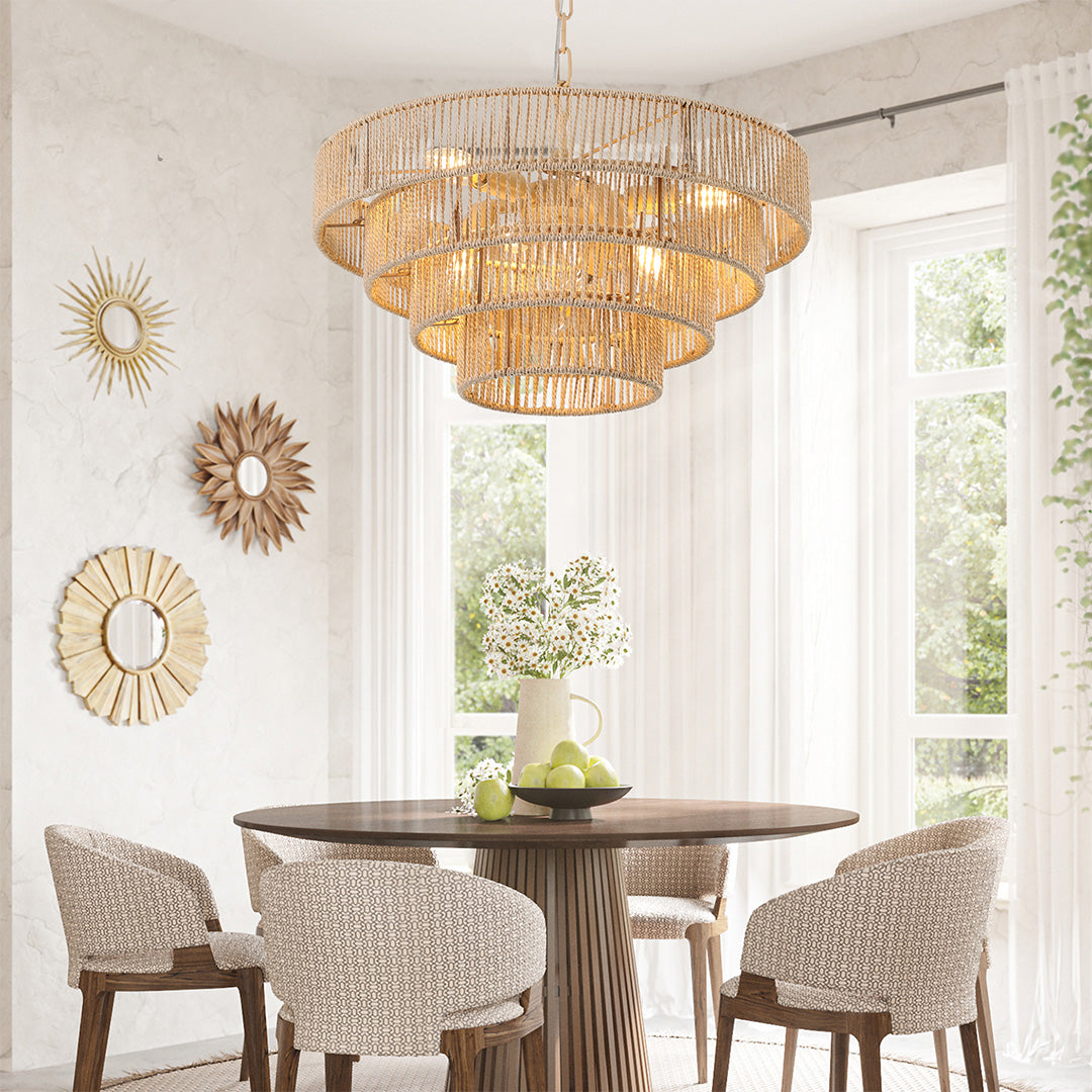 Zen Jute-Rope Chandelier — Iron Frame, Hand-Woven Natural Jute, 6-Light or 8-Light, E12, 59.1" Adjustable Chain