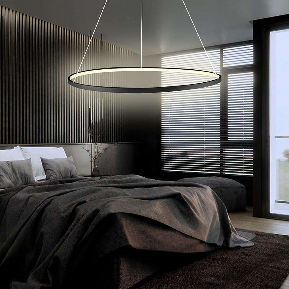 Modern Black LED Ring Chandelier — Aluminum, Acrylic Diffuser, Three-Color Dimmable, 16"/24"/31"