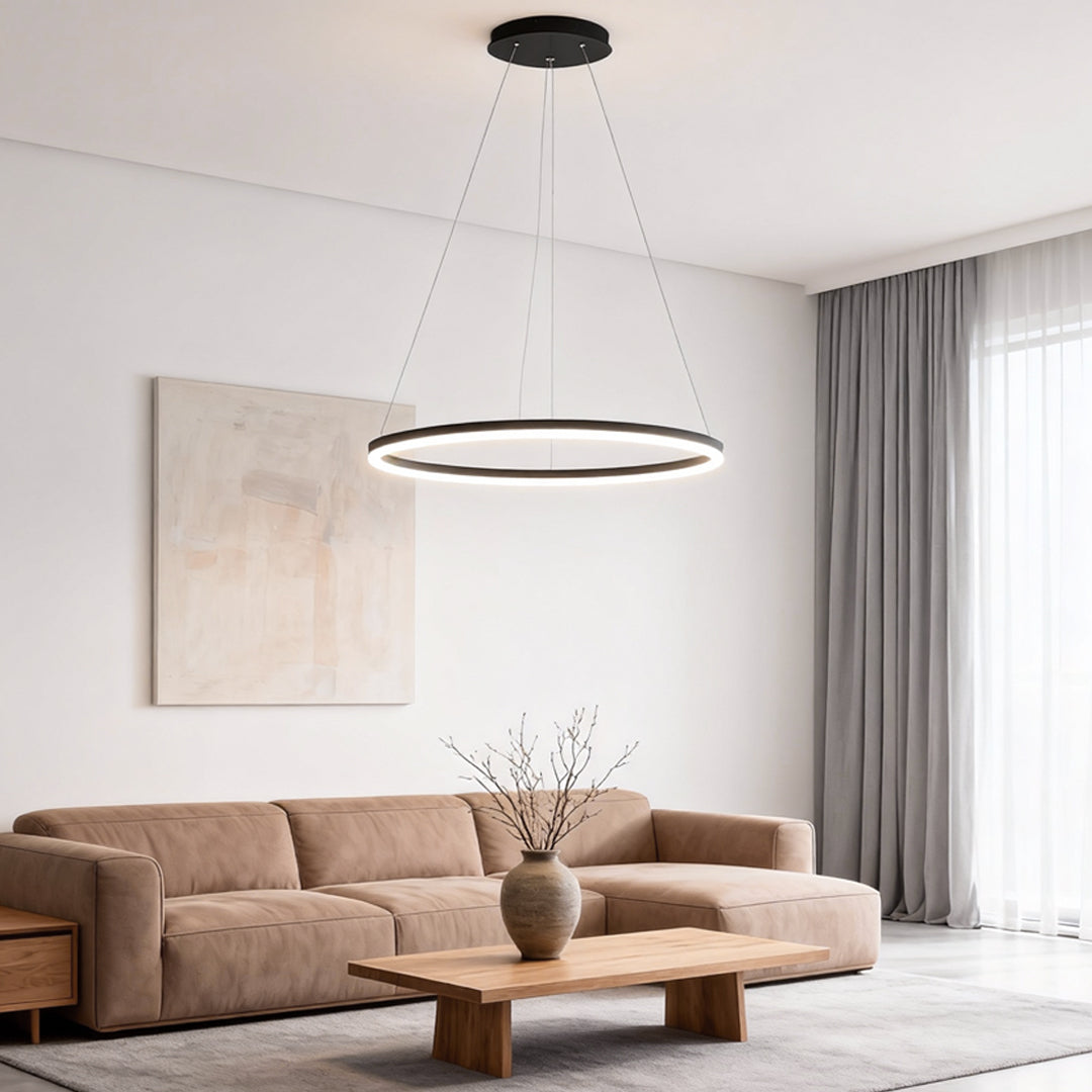 Modern Black LED Ring Chandelier — Aluminum, Acrylic Diffuser, Three-Color Dimmable, 16"/24"/31"