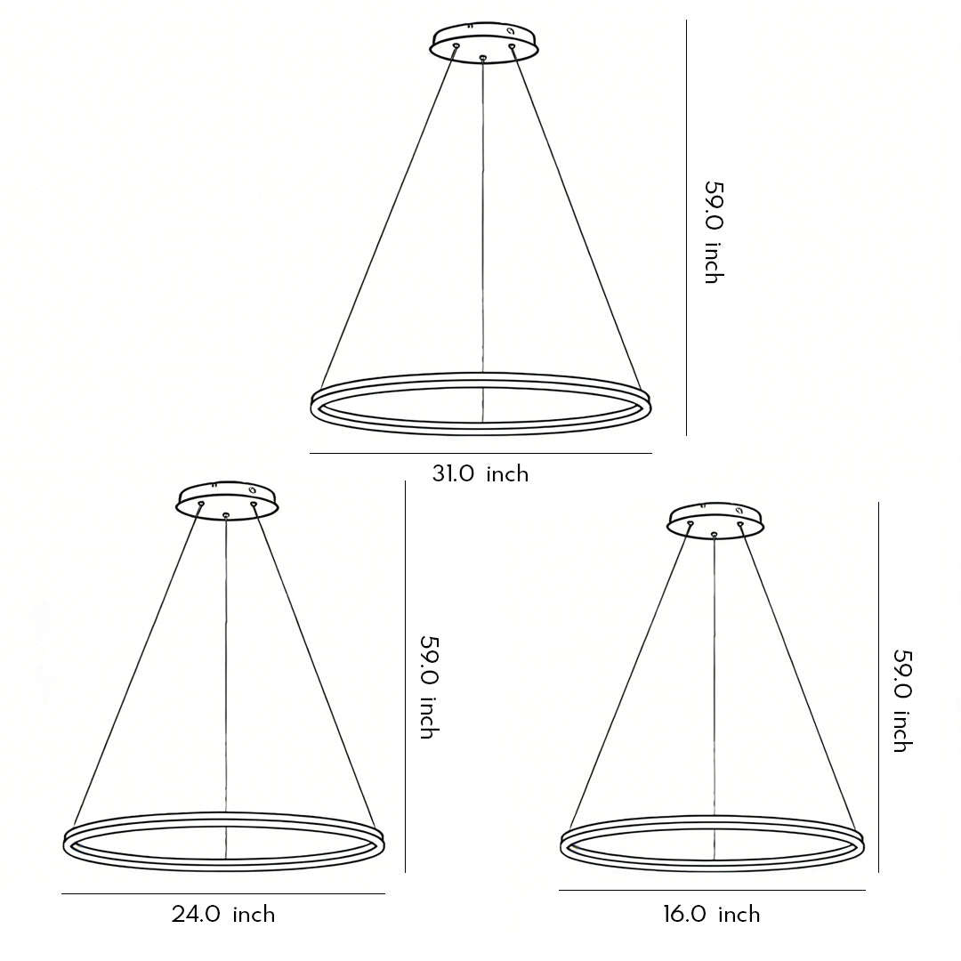 Modern Black LED Ring Chandelier — Aluminum, Acrylic Diffuser, Three-Color Dimmable, 16"/24"/31"