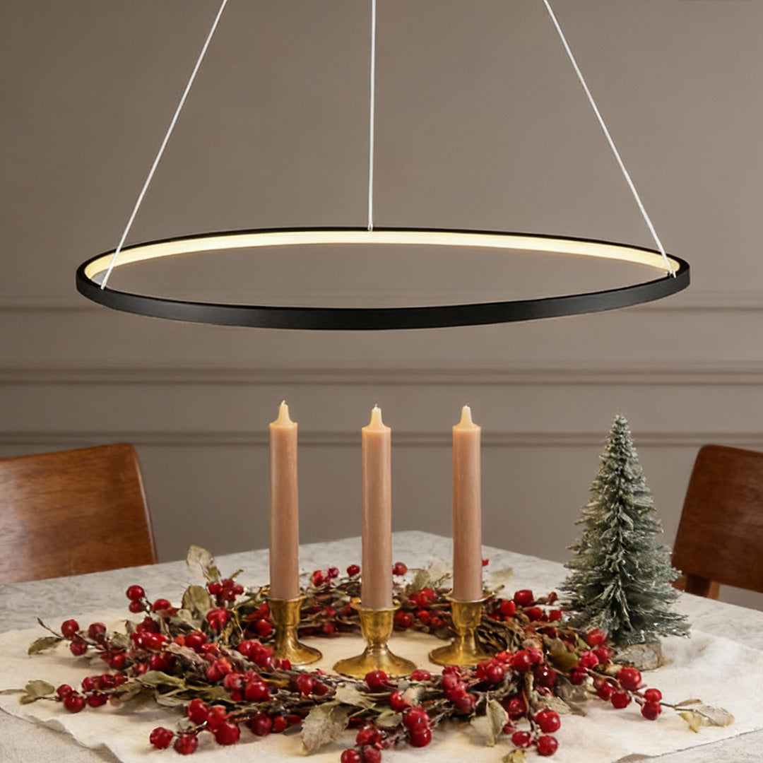 Modern Black LED Ring Chandelier — Aluminum, Acrylic Diffuser, Three-Color Dimmable, 16"/24"/31"