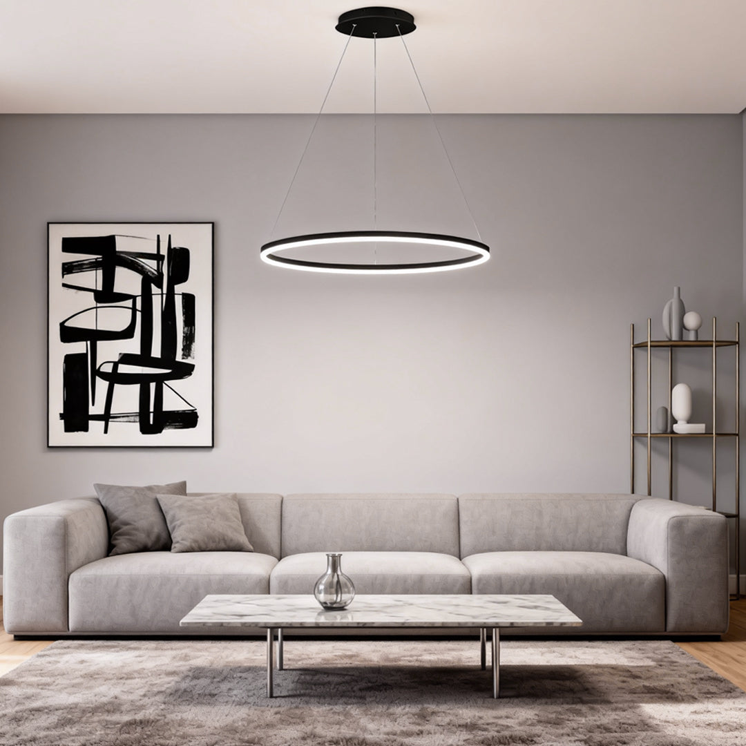 Modern Black LED Ring Chandelier — Aluminum, Acrylic Diffuser, Three-Color Dimmable, 16"/24"/31"