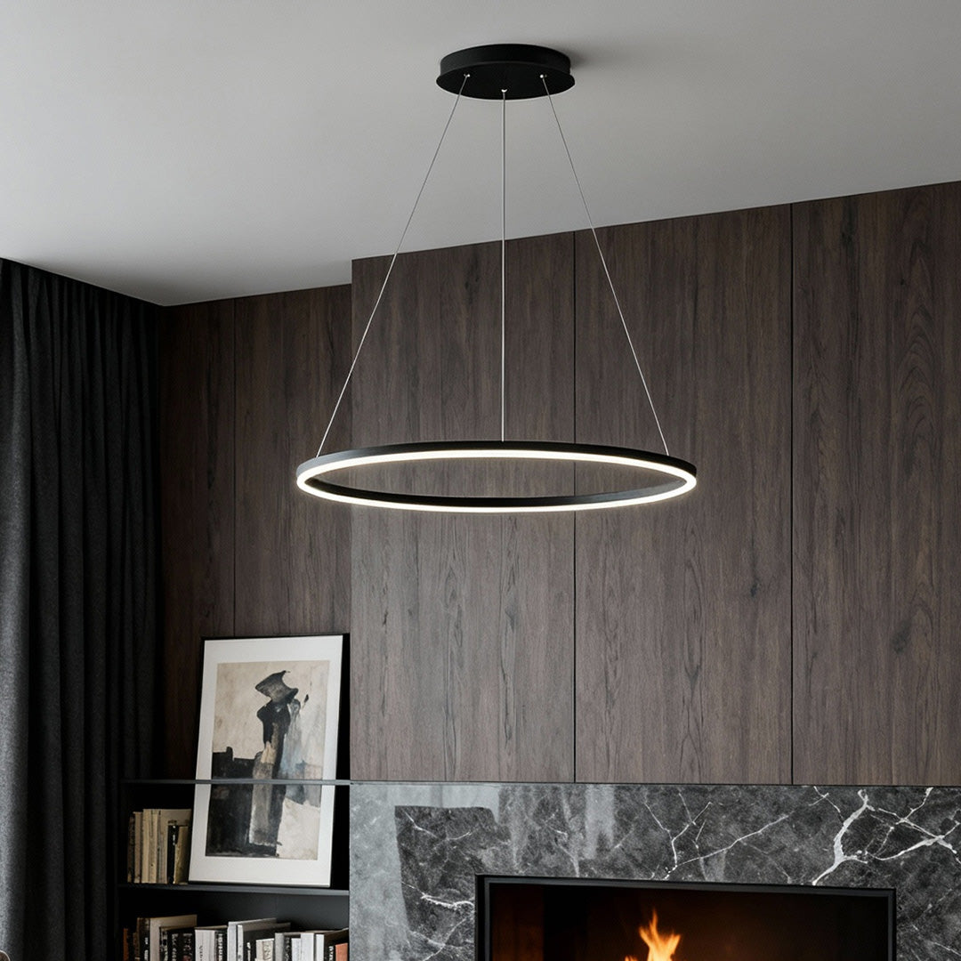Modern Black LED Ring Chandelier — Aluminum, Acrylic Diffuser, Three-Color Dimmable, 16"/24"/31"
