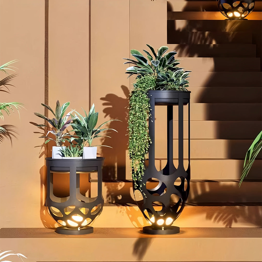 Lighted Outdoor Planter — Black Iron, White PE Shade, Warm LED, IP54, Solar / Hardwired, 19.7" or 37.4" Height