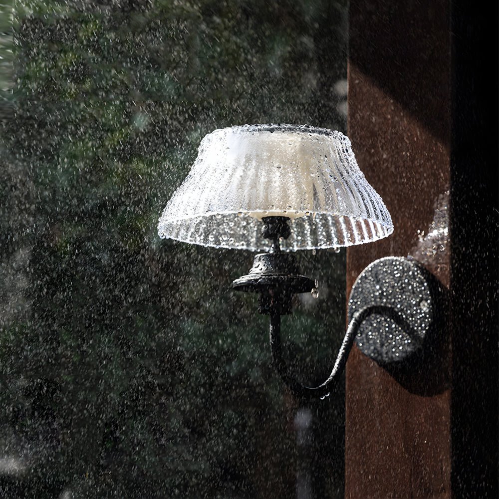 Adjustable Glass Shade Outdoor Wall Sconce — Black Iron Arm, Solar LED, IP44 Weatherproof