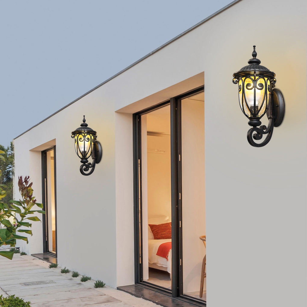 Lantern Outdoor Wall Sconce — Black Aluminum, Translucent Glass, Up/Down, IP54, E27, 3 Sizes