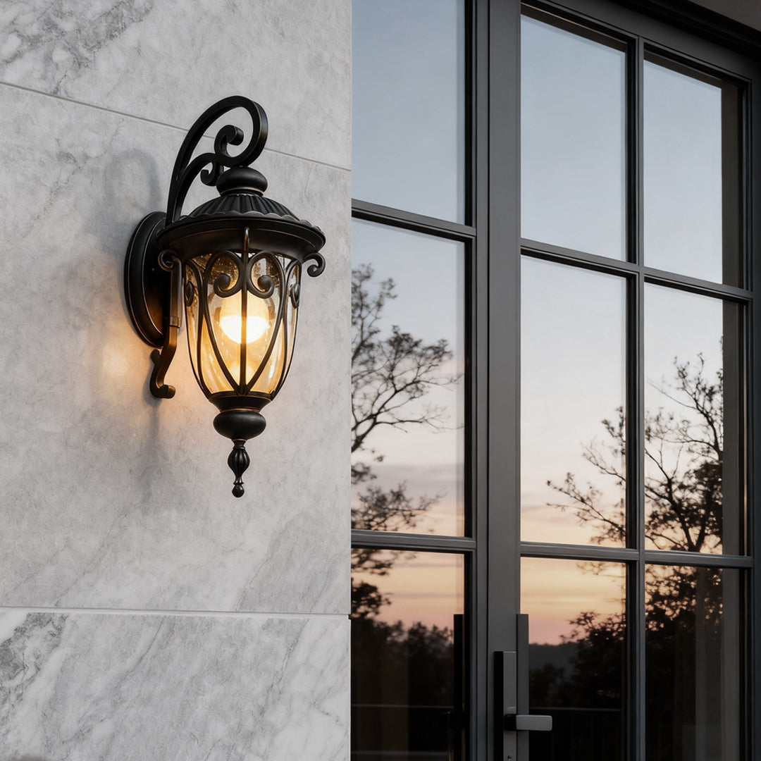Lantern Outdoor Wall Sconce — Black Aluminum, Translucent Glass, Up/Down, IP54, E27, 3 Sizes