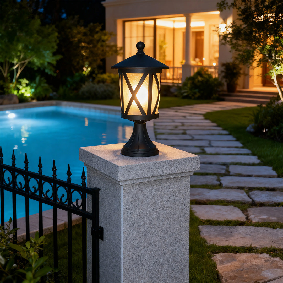 Vintage Outdoor Pillar Light — Sand-Black Cast Aluminum and Glass, 9W LED, IP44, E27