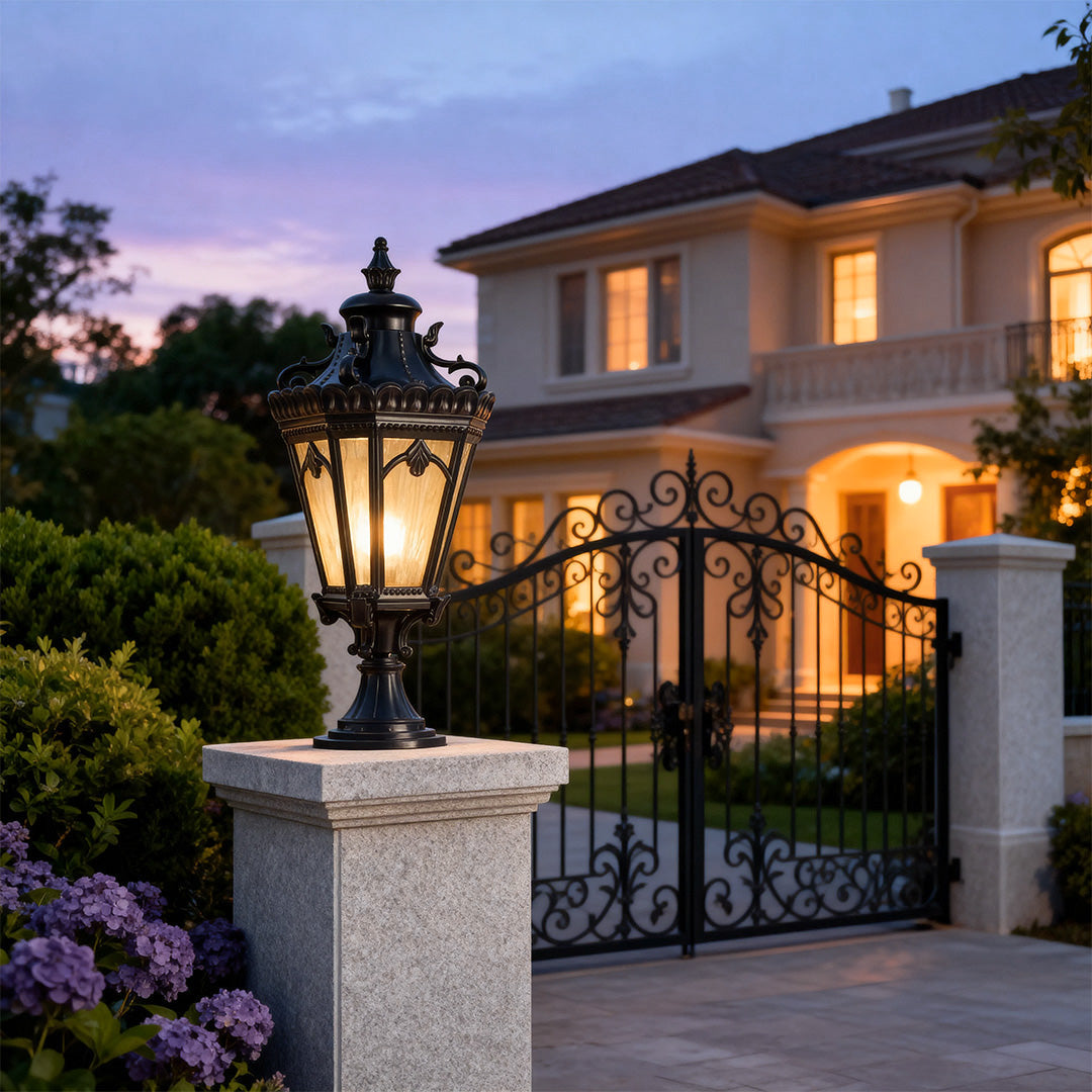 Column-Head Outdoor Pillar Light — Sand-Black Aluminum, Clear Glass, 18W E26, IP44, 10.24" × 26.57"