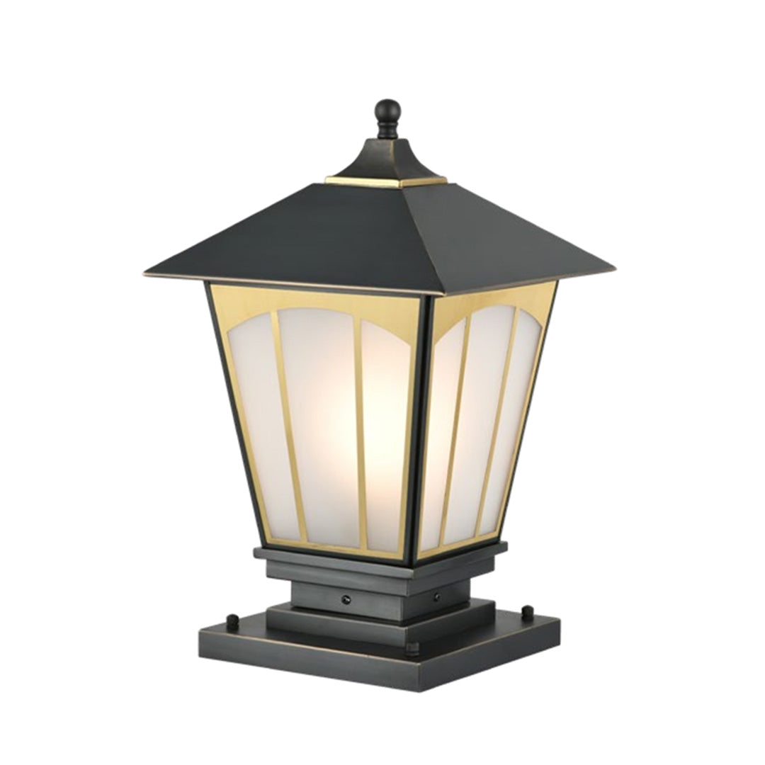 Outdoor Pillar Light — Solid Copper, Black & Gold Brushed Finish, Glass Shade, E27, IP55, 15.4"