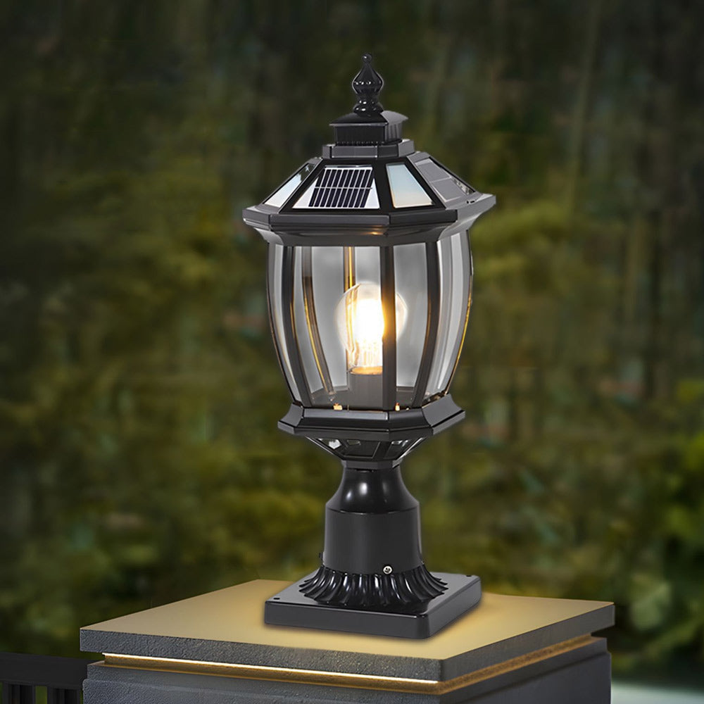 Octagonal Pagoda Pillar Light — Aluminum & Glass, Solar / Hardwired, 3-Step Dimming, Black or Bronze