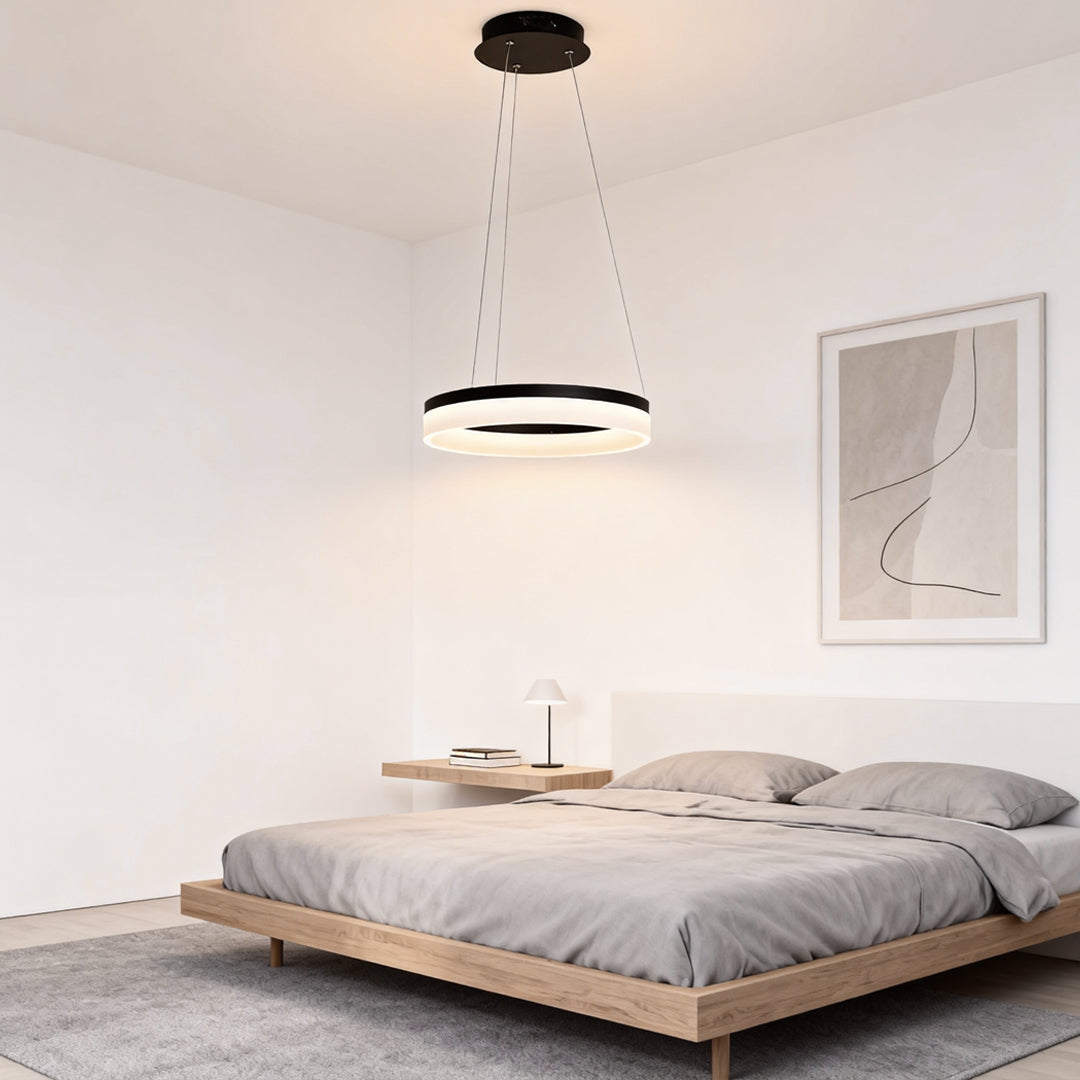 Ring Pendant Chandelier — Black Aluminum, 15.75" Circle, LED Three-Color Dimmable