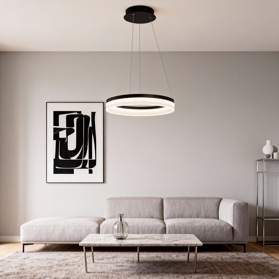 Ring Pendant Chandelier — Black Aluminum, 15.75" Circle, LED Three-Color Dimmable