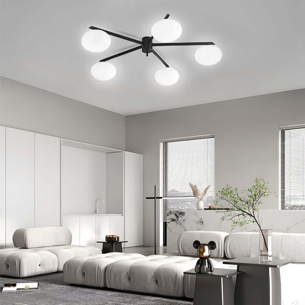 black semi flush ceiling light with white glass bubble