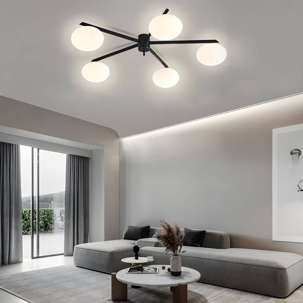 black semi flush ceiling light with white glass bubble